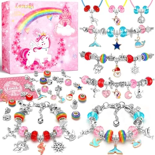 Lenski Einhorn Geschenke für Mädchen, Adventskalender Füllung Mädchen Geschenke 4-12 Jahre, Bastelset Kinder ab 6 Jahre, Armbänder Selber Machen Kinder, Weihnachtsgeschenke für Kinder