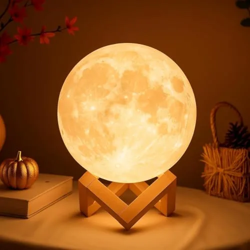 Mydethun Mondlampe 3D 12cm mit Holzständer, dimmbar & USB wiederaufladbar Geschenk für Frauen, Mutter, Kinder – Weihnachten, Geburtstag, Schlafzimmer & Wohnzimmer Dekoration, warmweiß & gelb