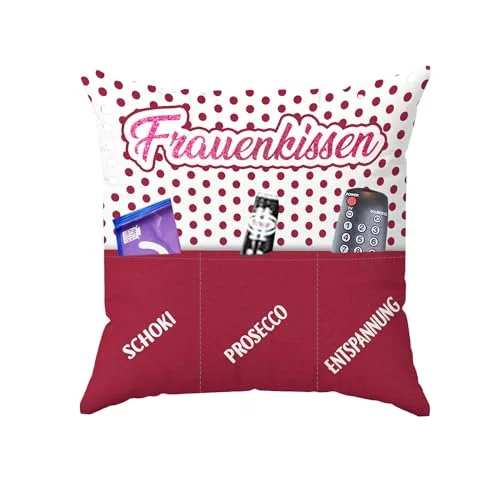 KAMACA Frauenkissen Dekokissen 43x43 cm mit 3 Taschen Lustiges Geschenk für Frauen Mama Freundin Schwester Kuschelkissen mit Spruch für Couch Filmabend Muttertag Mädelsabend und mehr (Frauenkissen)