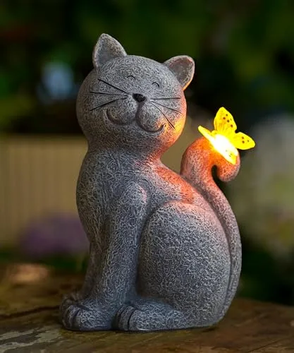 Yeomoo Katzen Figuren mit Solar Schmetterling Deko Wohnzimmer Gartendeko für draußen: Lustig katze Geschenk für Frauen Mama Geburtstagsgeschenk Gartenfiguren Wasserdicht Zimmer Garten Balkon Deko Grau