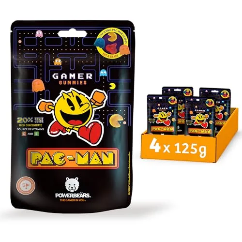 Powerbeärs Gamer Gummies | 4er-Set PAC-MAN Fruchtgummi | 4x125g | Gummibärchen mit 20% Fruchtsaft und Vitaminen in Pac-Man-Formen | Retro Snack für Gaming-Fans | Gamer Geschenk mit Nostalgie-Charakter