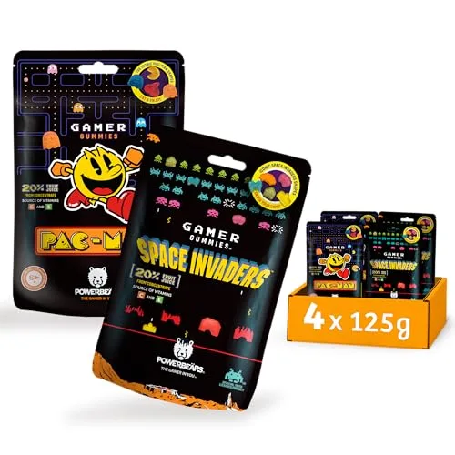 Powerbeärs Gamer Gummies | 4er-Set PAC-MAN und SPACE INVADERS | 4x125g | Gummibärchen mit 20% Fruchtsaft in Pac-Man und Space Invaders Formen | Retro Snack für Gaming-Fans & Nostalgie-Liebhaber