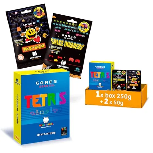 Powerbeärs Gamer Gummies | 3er-Set TETRIS Gift Box 250g und PAC-MAN + SPACE INVADERS 2x50g | Gummibärchen mit 20% Fruchtsaft in Videospiel-Formen | Retro Snack für Gaming-Fans & Nostalgie-Liebhaber