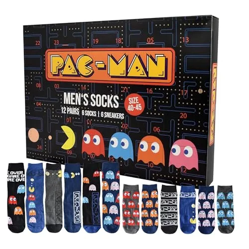United Labels Pac-Man Adventskalender mit 12 Paar Socken für Herren, Größe 40-45, Kalender mit Sneaker und langen Socken, Weihnachtskalender Geschenk