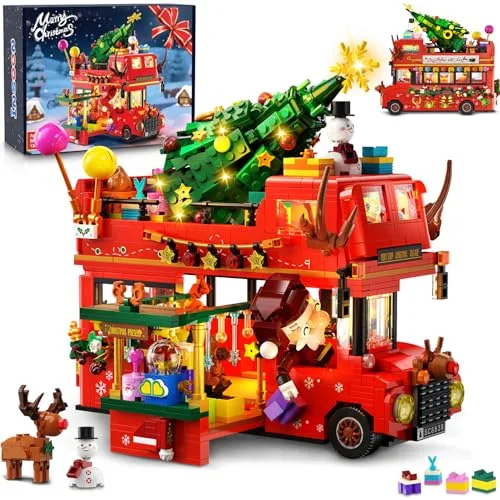 INSOON Weihnachten Bus Bauspielzeugset mit Licht, City Weihnachts Bus Bausteine mit Weihnachtsmann Weihnachtsbaum, 1262 Stück Klemmbausteine Spielzeug Geschenk für Kinder Mädchen Jungen ab 8-12+