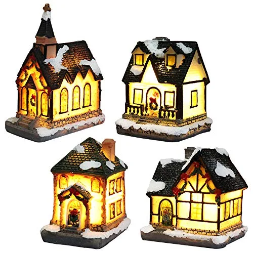 Weihnachtsdorf Mit Beleuchtung, Weihnachtslaterne Led, Weihnachtsdeko Amerikanisch Lichterkette Weihnachten Basteln Batteriebetrieben (4pc Set, 4 * 6.5 * 9cm)
