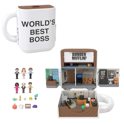 Polly Pocket x The Office-Schatulle, Spielset, 6 Charakterpuppen und 9 Zubehörteile, sammelbares Partnership-Spielzeug, Kaffeetassen-Design, JCC19