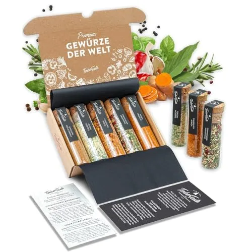 TIMBER TASTE® 5 Gewürze aus aller Welt - Seltene Gewurze Geschenkset Frauen & Männer - Gewürzset Geschenke für Frauen - Ausgefallene Geburtstagsgeschenke Erwachsene Kleinigkeit - Gewürze Set Geschenk
