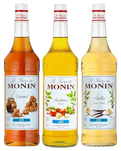 Monin Light Mix 3 x 1l Sirup Probierpaket für Kaffee Milchshakes und Desserts zuckerreduzierte Vanille - Karamell und Haselnuss