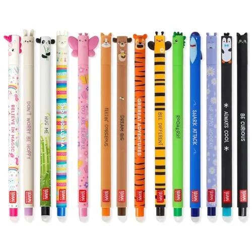 LEGAMI Set mit 14 radierbaren Gelstiften mit thermoempfindlicher Radiertinte, verschiedene Tintenfarben und Schaftdesigns, 0,7 mm Spitze, Tiermotive