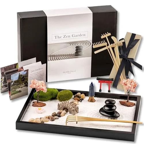 Island Falls Home Zen Garten Set 11x8 Zoll Premium Japanisches Sand Miniatur Geschenk Set. für Haus & Büro, Steine Garden, 6 Werkzeuge, 12 Funktionen, Sand. Zen Meditation Dekoration und Japan Deko