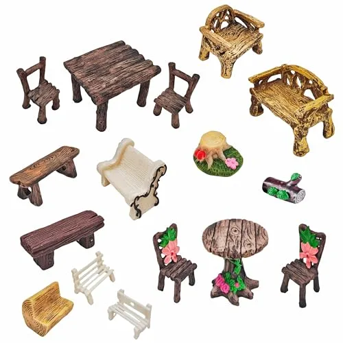 Miniatur-Gartenmöbel-Set - 14-teiliges Miniatur-Tisch- und Stühle-Set aus Kunstharz für Outdoor-Dekor, Erwachsenen-DIY-Bastelgeschenk & Mikro-Landschafts-Dekor-Zubehör (Dorf)