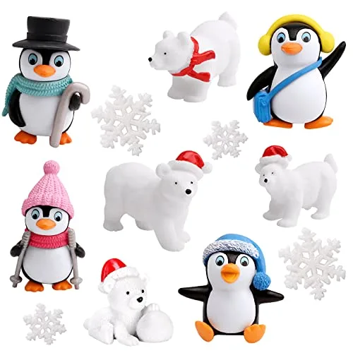 Gukasxi 12 Stück Süße Pinguin Eisbär Harz Miniatur Garten Figuren, Weihnachtsdeko Schneeflocken und Polar Tierfiguren Kuchen Topper, Micro Landschaft Dekoration