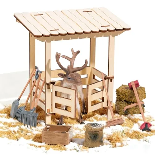 RTUOHUIN Wichtel Rentier Set, 11-TLG. Miniatur Wichtel Zubehör für Wichteltür und Weihnachten inkl. Rentier, Futterkrippe, Heuballen, Gartenwerkzeug, Kinderzimmer Deko für Weihnachten