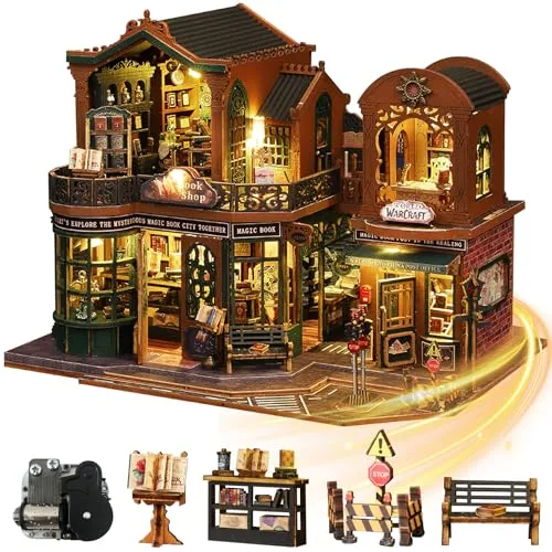 Mostop DIY Miniature Dollhouse Kit,Wooden Dollhouse Construction Kit,Miniature House Kit with LED Light und Bewegungen,Creative Room Idea for Children/Adults,Magic House,DIY Kits (Twilight Book City)