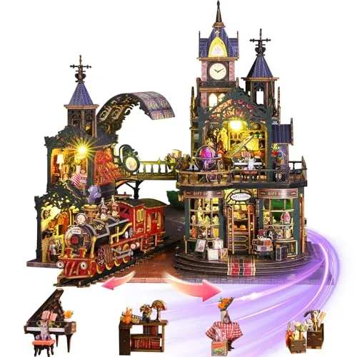 Mostop DIY Miniatur-Puppenhaus-Bausatz, Holz-Puppenhaus-Bausatz, Miniaturhaus-Bausatz mit LED-Beleuchtung, kreative Raumidee für Kinder/Erwachsene, Magic House DIY-Bausätze (Rail Track Secluded City)