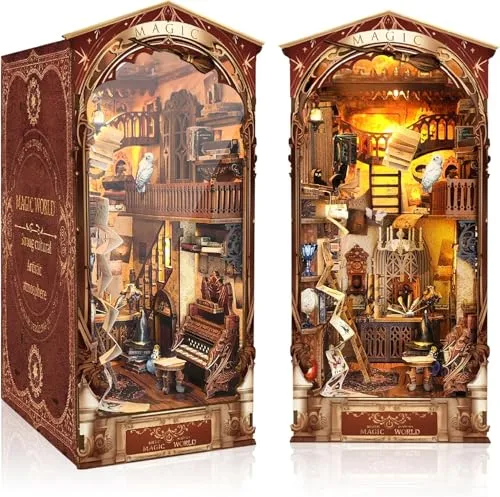 RONSTONE DIY Magische Welt Book Nook Kit, DIY Puppenhäuser Miniatur Haus Kit mit Staubschutzhülle und LED-Licht, 3D Puzzle Buchstützen aus Holz, Kreative Geschenkdekoration für Erwachsene ab 14+
