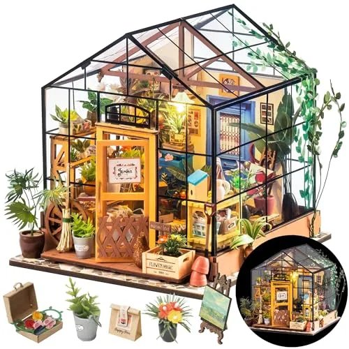 RoWood DIY Miniatur Haus Puppenhaus Gewächshaus mit Licht, DIY Mini Holz Haus Modell Set, Bastelset Geburtstag Geschenke für Erwachsene Frauen Mädchen - Cathys Blumenhaus