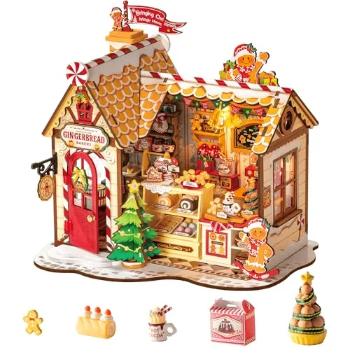 Rolife Weihnachts Puppenhaus Lebkuchenhaus DIY Miniatur Holzmodell Bausatz Puppenhaus Weihnachts Dekoration Kreatives Geschenk für Erwachsene und Jugendliche