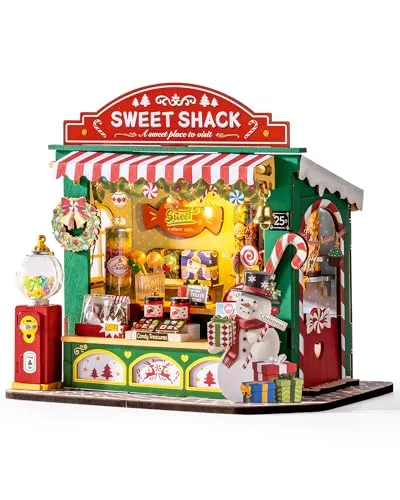 ROBOTIME DIY Miniatur Puppenhaus Kit Weihnachten Candy Stand Holz Modell Bausatz mit LED-Lichtern Modellbausätze für Erwachsene zum Bauen, Home Decor Weihnachten Geburtstag Geschenke für alle