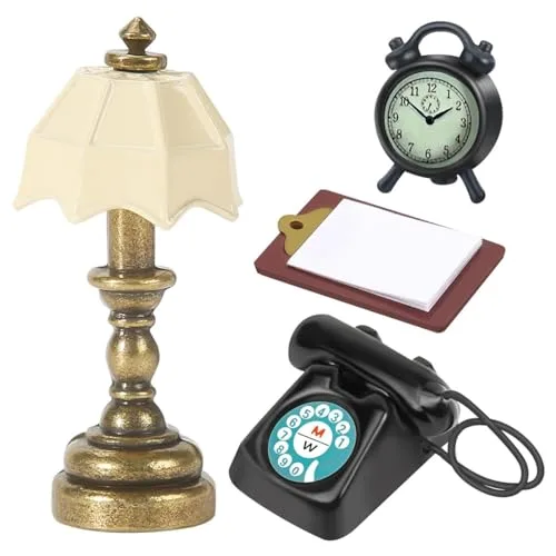 Miniatur Wichtel Zubehör Möbel, Puppenhaus Zubehör Nostalgie Wichtel Zubehör Wohnzimmer, Miniatur Puppenhaus Zubehör Wichtelzubehör Set Miniatur Deko Mini Telefon Wecker Tischlampe Schreibblock