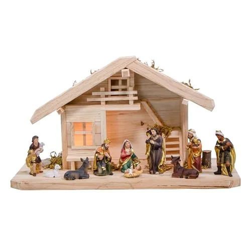 mgc24 Weihnachtskrippe Tischkrippe aus Holz, komplettes Krippenspiel mit 10 Krippenfiguren handbemalt, LED-Beleuchtung