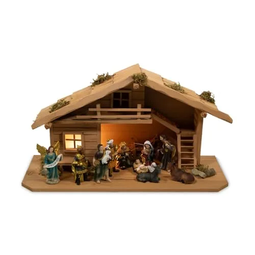 mgc24 Weihnachtskrippe Tischkrippe aus Holz, komplettes Krippenspiel mit Krippenstall und handbemalten Krippenfiguren aus Kunstharz, LED-Beleuchtung