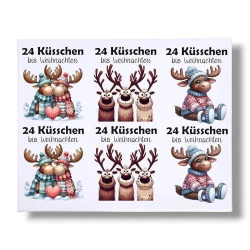 RUB-ON-Sticker Glas, 24 KÜSSCHEN; Adventskalender to go, Sprüche, Weihnachten, Wichtel, Elch, Rentier, DIN A4, randlose Rubons-Sticker, Rubon Aufkleber (Bogen gemischt)