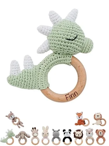 wunderwunsch® - Personalisierter Beißring Baby - Niedlicher Greifling für Baby's ab 0 Monate - Babyrassel mit Name als Baby Geschenk für Mädchen und Jungen (Dino grün,mit Name)