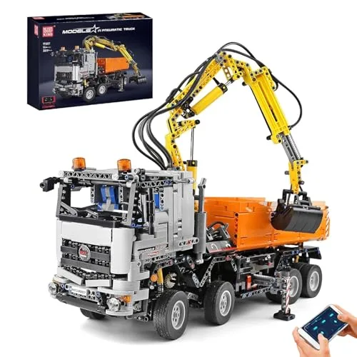 Mould King 19007 Technik Kran LKW Modell, 2819 Teile, Fernbedienung elektrisch Technik Pneumatic Truck Klemmbausteine Bauset mit 4 Motoren, Kompatibel mit Technologie Bausteine