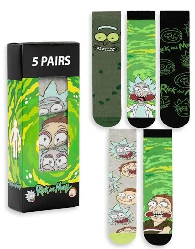 Rick and Morty Grüne Wadensocken für Herren, 5er-Set | Lustige Charaktermuster mit Rick & Morty | Alltagskleidung | Bequeme Socken für Fans | R&M Merchandise – 7-11 UK