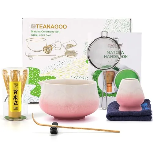 TEANAGOO 7 Stück Matcha Set, Matcha Besen, Matcha Schale mit Ausgießer, Matcha Set Rosa, Matcha Tee Set für die Zubereitung von Milchkaffee, Matcha Schneebesen Set und Schüssel mit löffel & Sieb