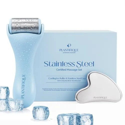 PLANTIFIQUE Ice Roller & Gua Sha Edelstahl Set – Gesichtsmassage für Hautstraffung, Lymphdrainage Gesicht, Schwellungen, Augenringe und Falten – Skincare Beauty Tool