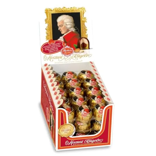 Reber Mozart-Kugeln, 45er Aufstellkarton, Kugeln aus Zartbitter-Schokolade, Gefüllt mit Pistazien-Marzipan, Mandeln und Haselnuss-Nougat, 900g (45 Stück)