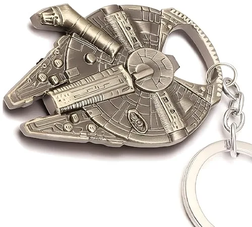 Han Solo`s Millennium Falke - Flaschenöffner in Raumschiff Optik mit Schlüsselanhänger, Edelstahloptik 60x50mm, Geschenk für Jedi Science Fiction Fans
