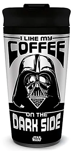 Star Wars Kaffeebecher (I Like My Coffee On The Dark Side Design) Metall Reisebecher 540ml - Offizielles Lizenzprodukt, Weiß
