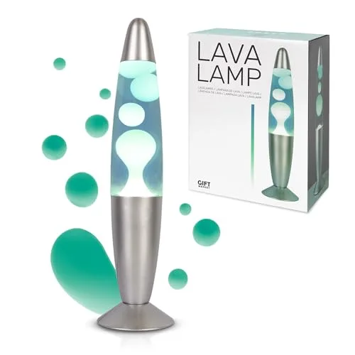 GIFTMARKET- Blaue Lavalampe mit Chromfuß. Retro Tischlampe 34 x 8,5 cm mit 2 Glühbirnen. Stylisches Geschenk für Jugendliche. Perfekte Lampe für Nachttisch oder Zimmer.