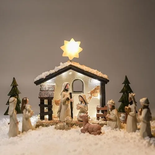 YIK TUNG Krippenfiguren Set, Krippe Weihnachten, Nativity Scene, Krippenfiguren mit Beleuchtung, Weihnachtsdekoration Indoor (13er Set)