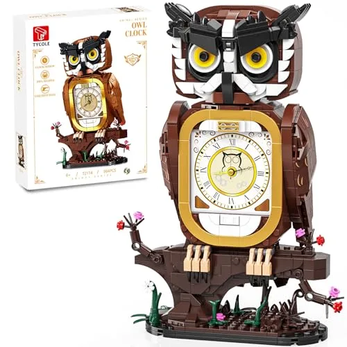TYCOLE Eule Uhr Bauspielzeug 964 Stück Funktionierende Uhr Klemmbausteine Set Geschenk ab 6 Jahren für Jungs/Mädchen & Erwachsene Zimmer-Deko & Büro Dekoration
