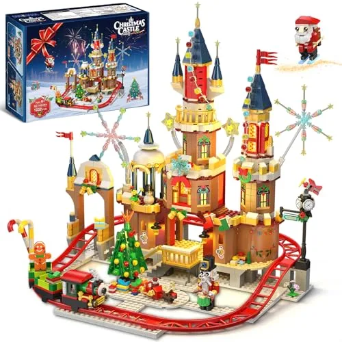 CUBIMANA 2025 Weihnachtsschloss Achterbahn Bausatz mit Lichtern - 1232 Teile Weihnachtsdorf Achterbahn Bausteine Spielzeughaus Weihnachtsbaum Zug Santa Claus Geschenke für Erwachsene Jungen Mädchen