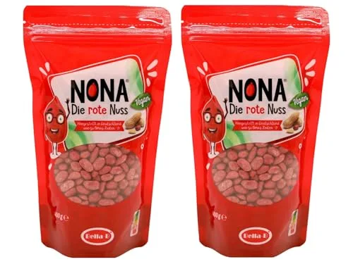 NONA Die rote Nuss - 2x400g (800g) geröstete dragierte Erdnüsse mit rotem Zuckerüberzug - Partysnack - Süße Nüsse - Die roten Erdnüsse - Einzigartiger Geschmack - Deutsche Produktion