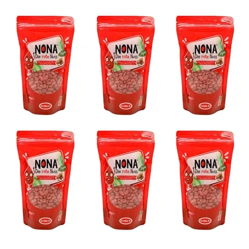 NONA Die rote Nuss - 6x400g (2400g) geröstete dragierte Erdnüsse mit rotem Zuckerüberzug - Partysnack - Süße Nüsse - Die roten Erdnüsse - Einzigartiger Geschmack - Deutsche Produktion